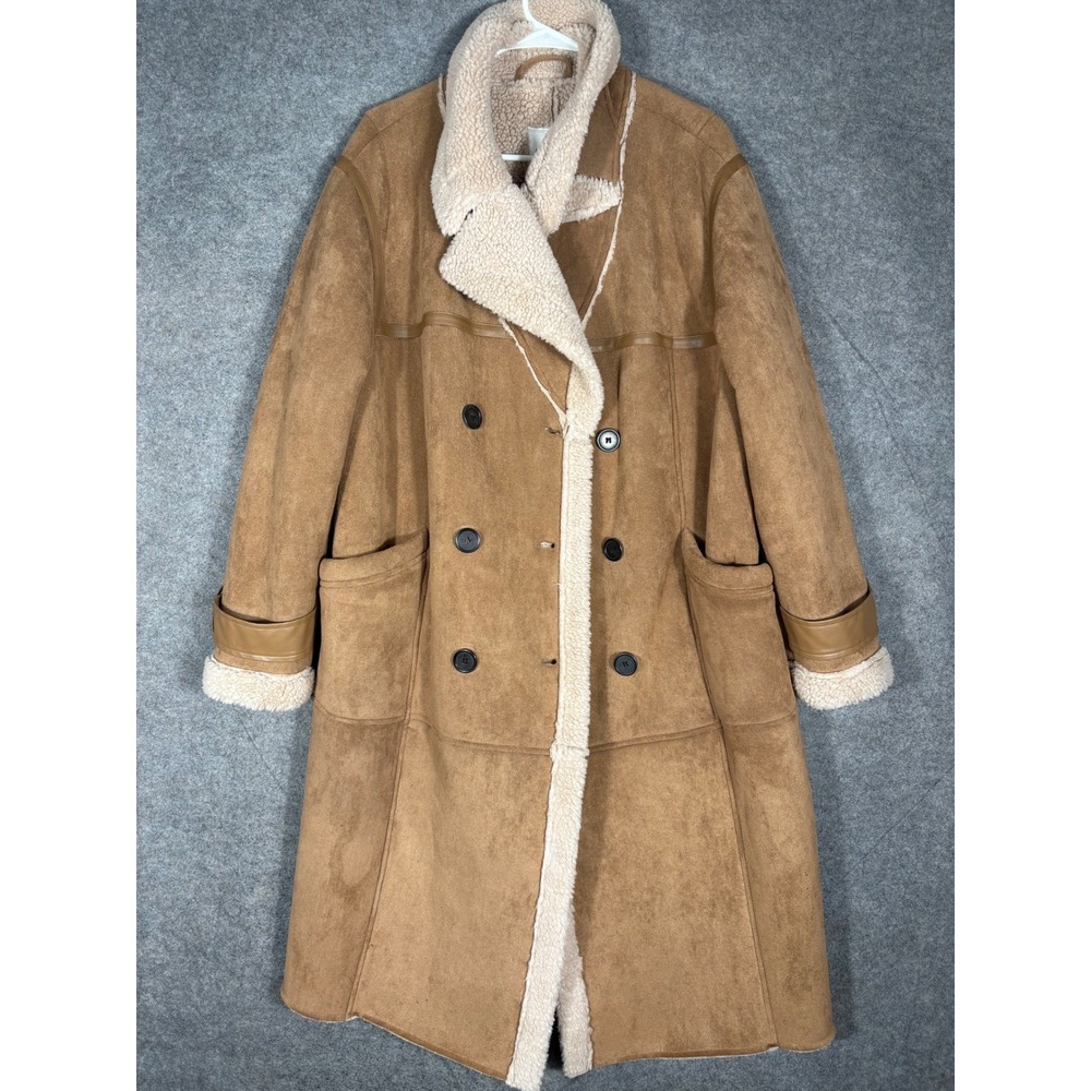 Avec Les Filles Faux Shearling Suede Long Coat Tan Camel Scallop Hem XL